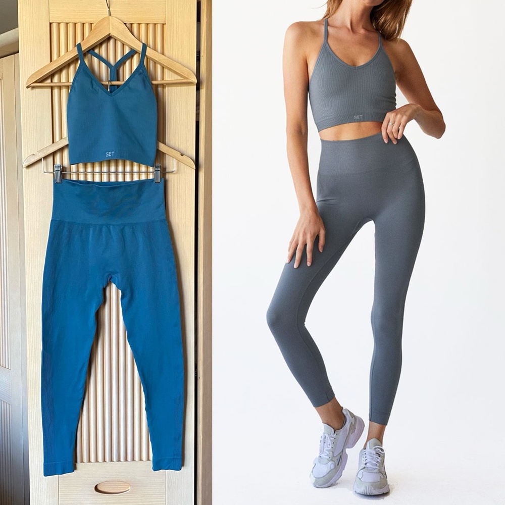 Set active sculptflex ribbed V bra and seamless leggings SET turquoise blue - Picture 1 of 10